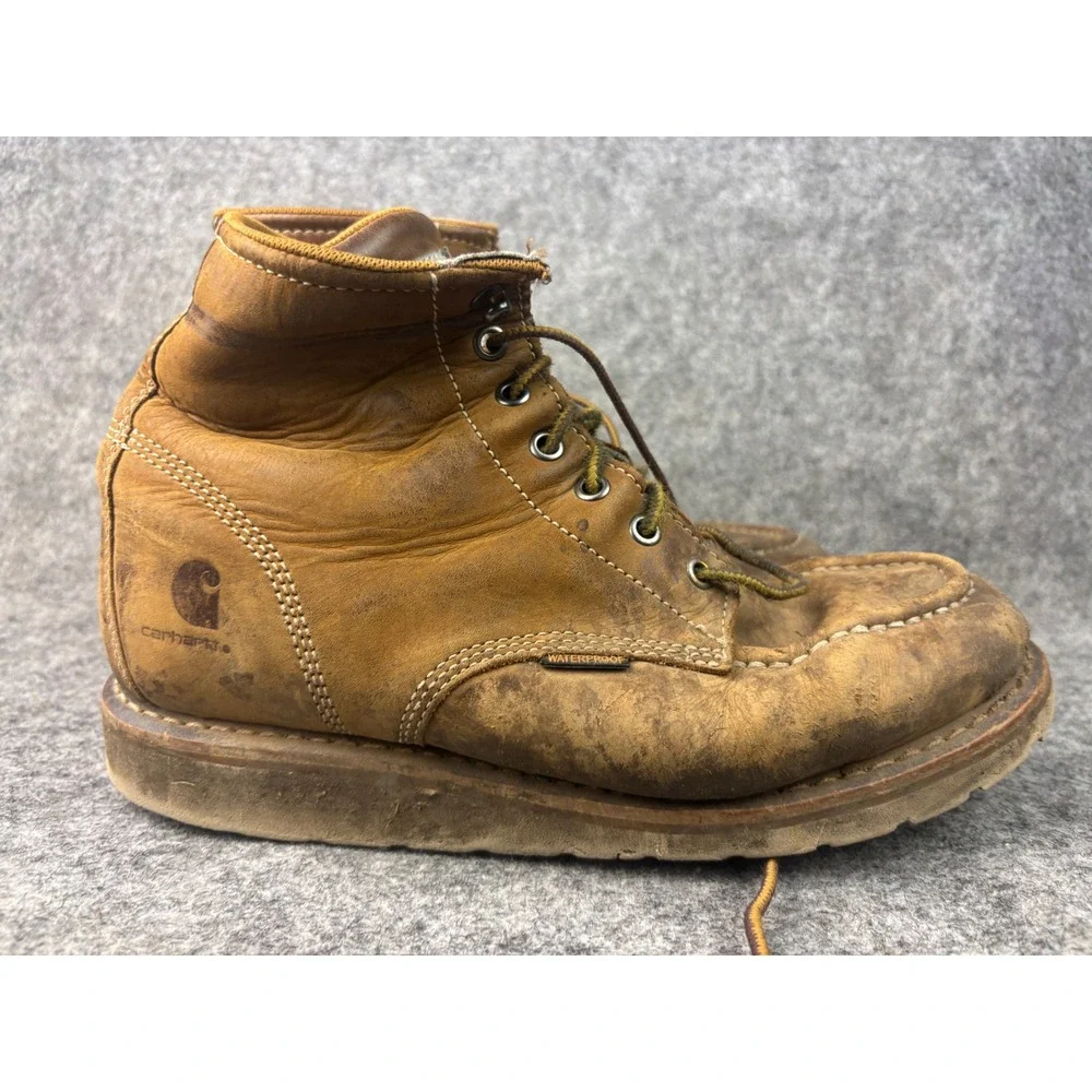 Carhartt Moc Toe Work Boots Mens 10 Brown Waterproof Leather Wedge Sole FW6025-M